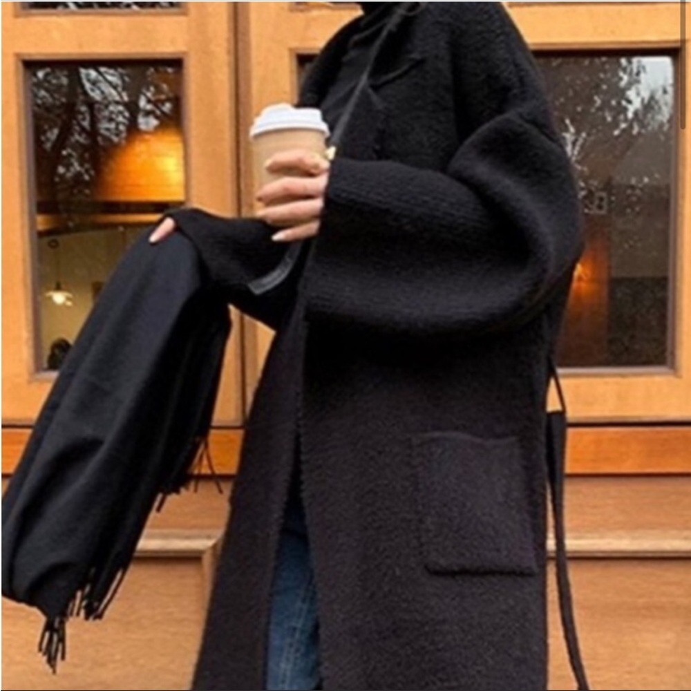Chunky Below the knee Rib Belted With Pockets Black Cardigan Coat - Picture 2 of 14